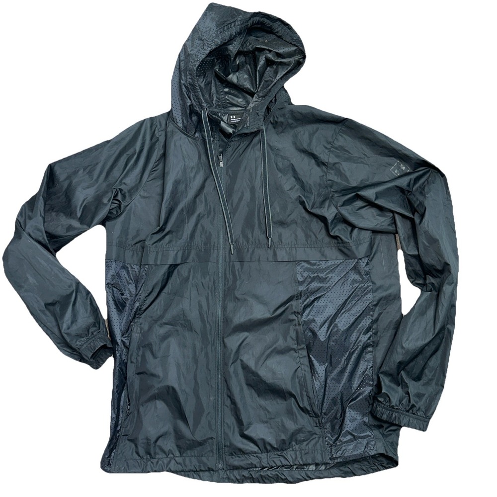 Under Armour Men's XL Rain Light Weight Jacket Windbreaker Black Hooded Coat